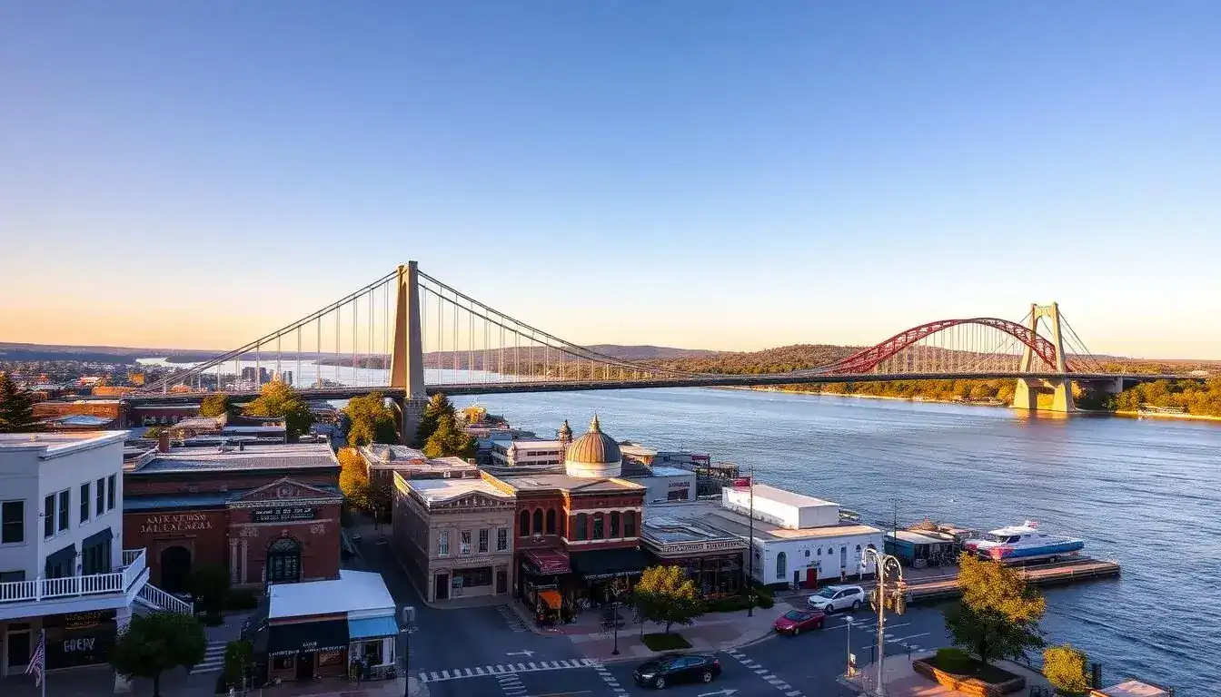 Bridge over a river with city buildings in the foreground at sunset, showcasing scenic urban landsca.