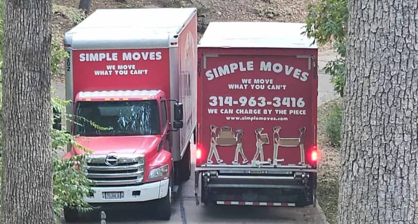 Moving truck with Simple Moves branding and contact info.